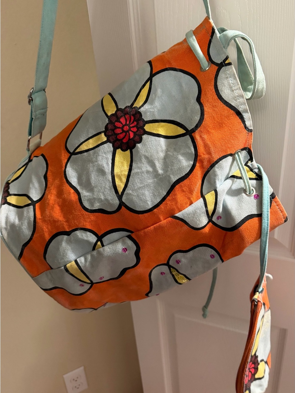 Orange & blue Floral Shoulder drawstring bucket Bag with sequins & mini bag